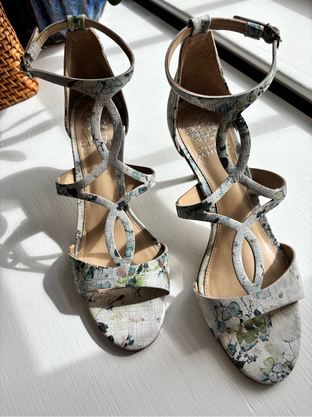 Vince Camuto Ivory Multi Floral Strappy Heels